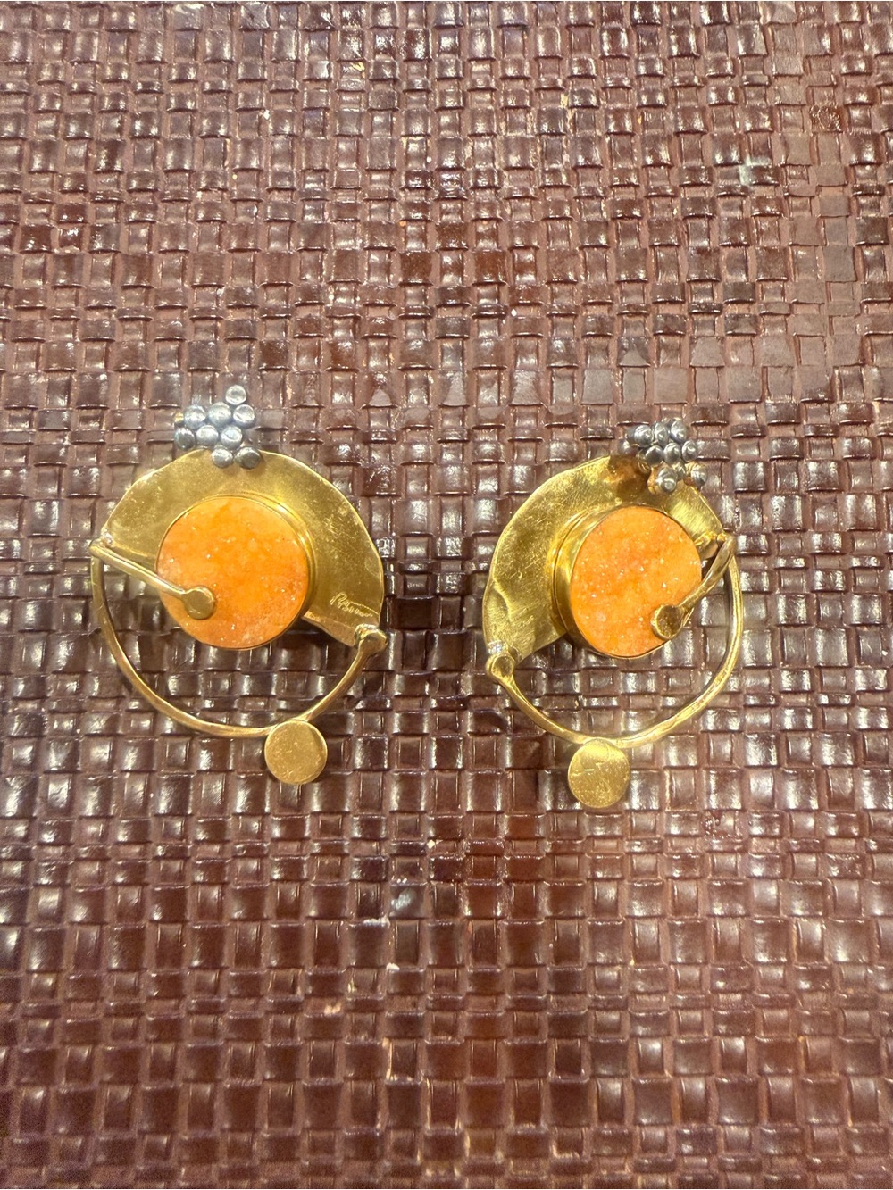 Gold-Tone Earrings with Orange Stone Discs